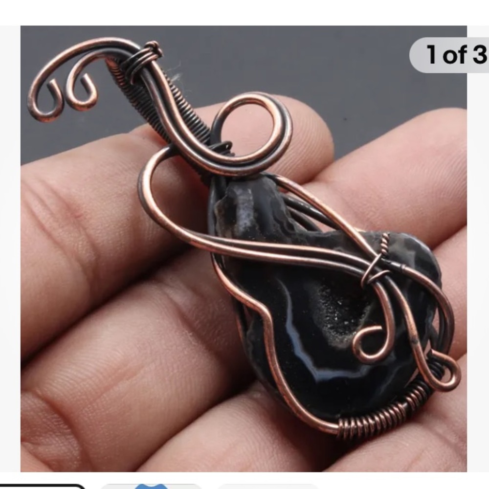 Handcrafted Agate Druzy Natural Gemstone Copper Wire Wrapped Pendant 2” Guitar